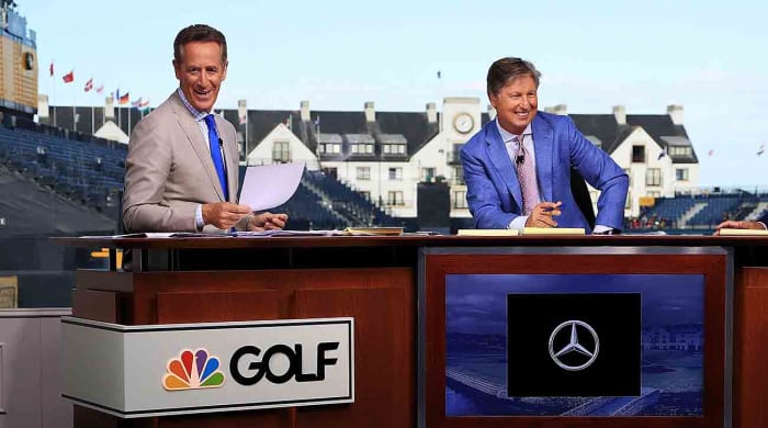 Rich Lerner and Brandel Chamblee are seen on the Golf Channel set during previews to the 2018 British Open at Carnoustie Golf Club.